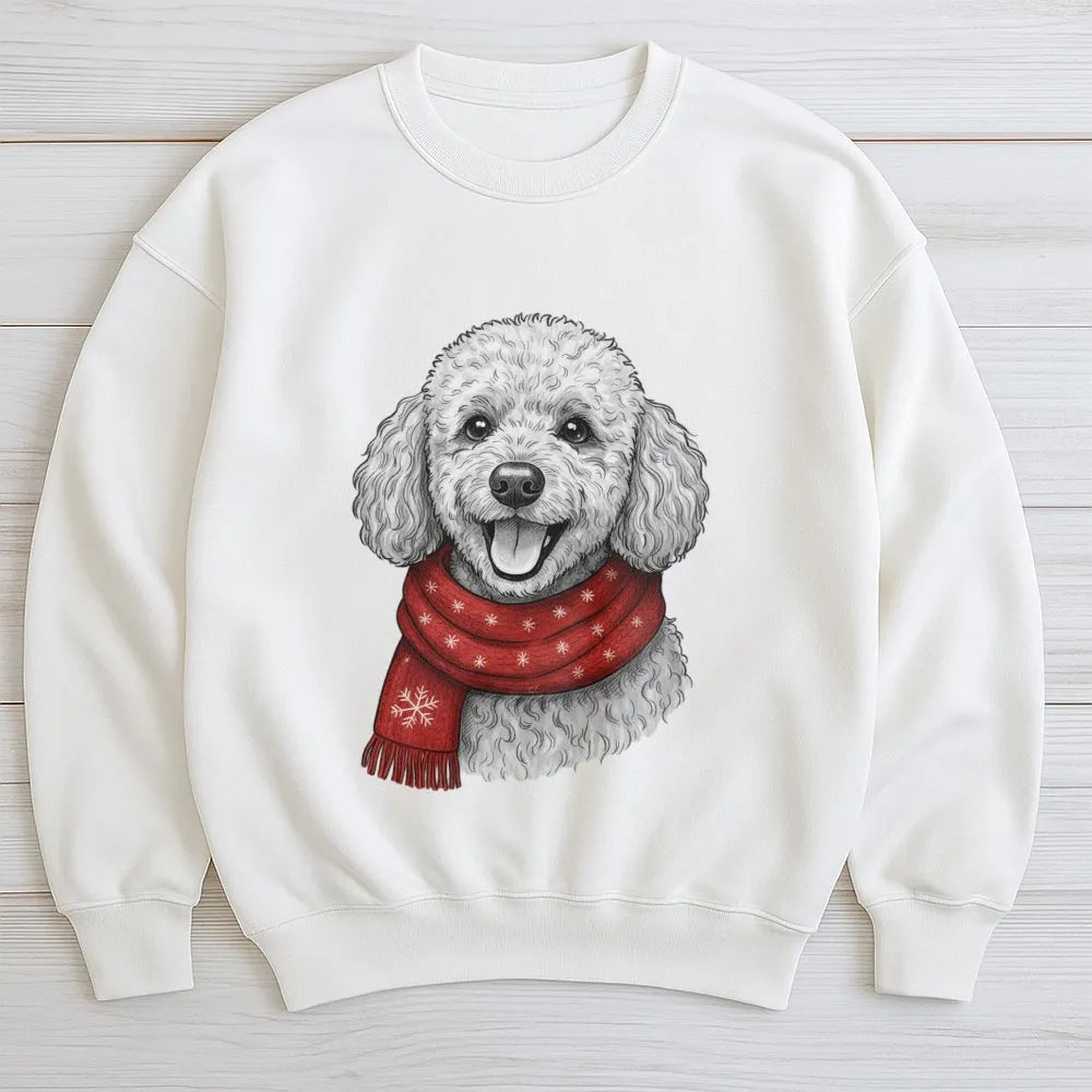 Festive Scarf Poodle Holiday Sweater, Poodle Christmas Sweatshirt, Adorable Winter Poodle Crewneck, Comfy Dog Lover Animal Gr
