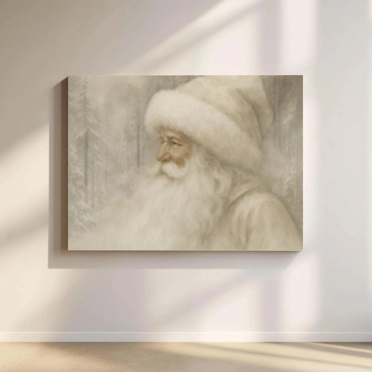 Winter Forest Portrait Wall Art, Vintage Santa Claus Canvas Print, Rustic Christmas Canvas Art, Neutral Holiday Canvas, Festi