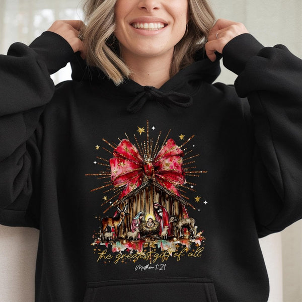 Greatest Present of All Hoodie, Nativity Scene Christmas Hoodie, Religious Christian Hoodie, Holiday Faith Hooded Sweatshirt,