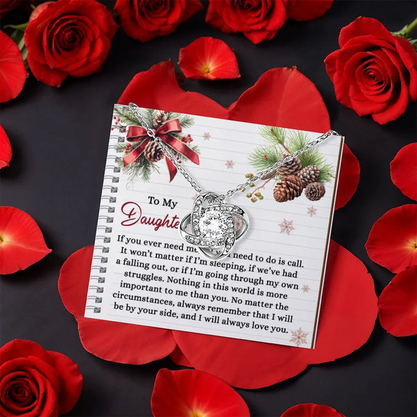 Rotating Rose Gift Box, Daughter Love Knot Necklace, White or Yellow Gold Knot Pendant, Meaningful Birthday Christmas Present