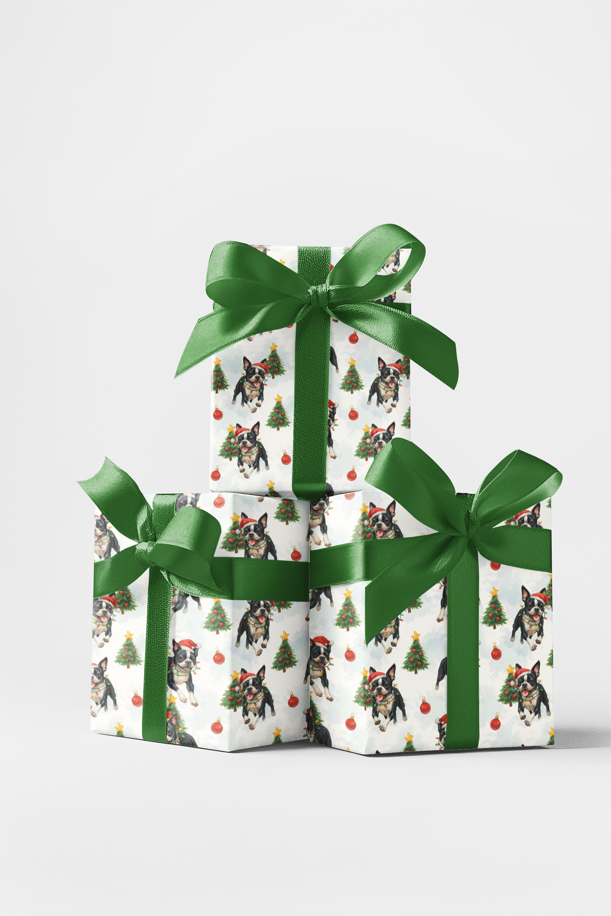 Santa Hat Dog Gift Wrap, Boston Terrier Christmas Wrapping Paper, Festive Boston Terrier Wrapping Paper, Boston Terrier Holid