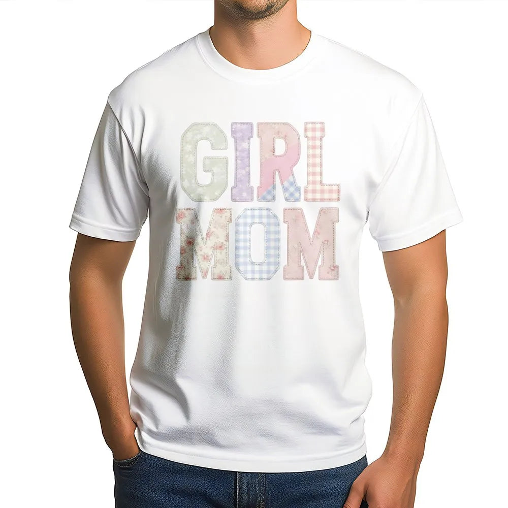 Girl Mom T-Shirt | Aesthetic Faux Patchwork Lettering | Soft Cotton Blend | Mother's Day Gift for New Mama