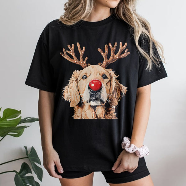 Reindeer Antlers Dog Shirt, Golden Retriever Christmas T-Shirt, Adorable Holiday Pup Graphic Tee, Humorous Animal Lover Xmas 
