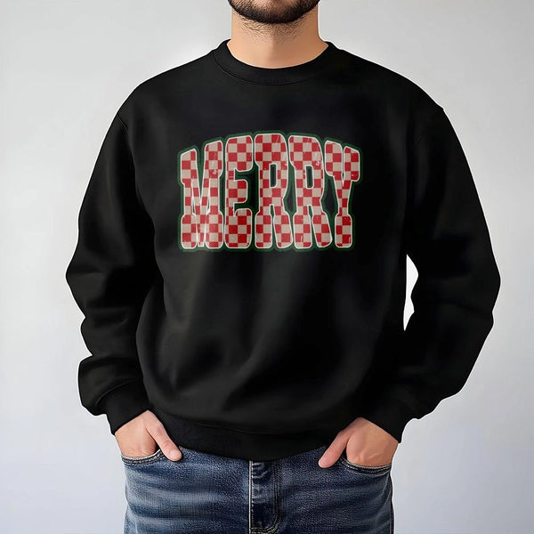 Retro Checkered Holiday Crewneck, Merry Christmas Sweatshirt, Vintage Christmas Sweater, Festive Winter Pullover, Family Holi