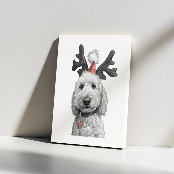 Pencil Sketch Dog Canvas Print, Goldendoodle Christmas Canvas Wall Art, Festive Reindeer Pet Wall Decor, Dog Lover Holiday Ca