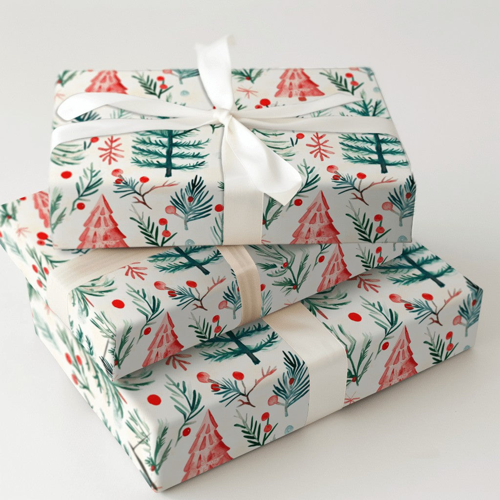 Rustic Winter Forest Gift Wrap, Watercolor Pine Tree Wrapping Paper, Christmas Holly Berry Wrapping Paper, Holiday Present Wr