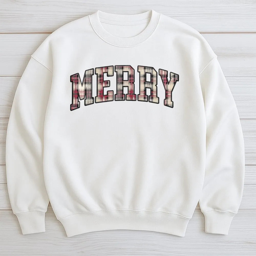 Red Plaid Varsity Letter Sweater, Merry Christmas Sweatshirt, Retro Holiday Crewneck Sweatshirt, Comfy Winter Xmas Sweatshirt