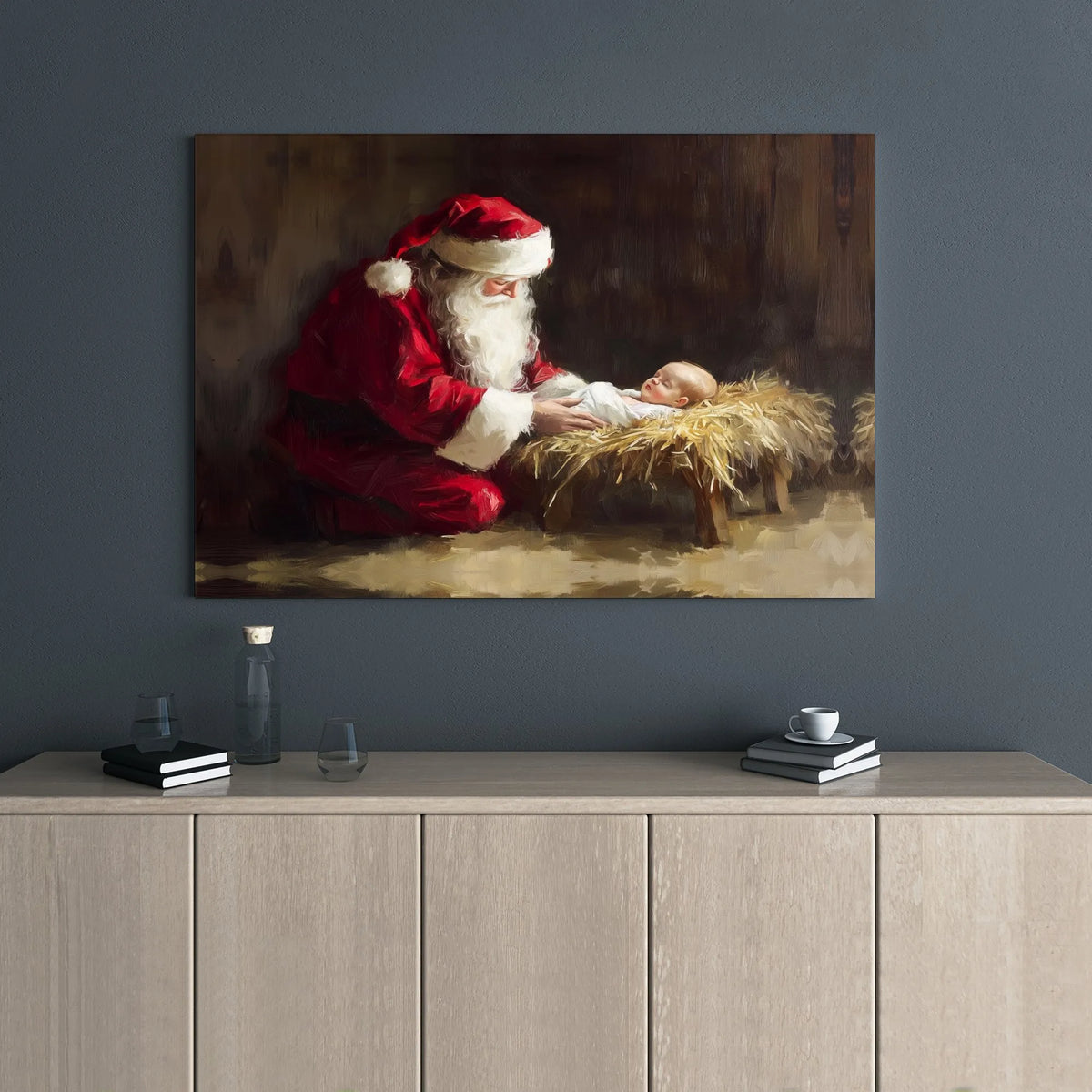 Nativity Canvas Wall Art, Santa Kneeling Before Jesus Canvas, Christian Christmas Canvas Print, Religious Faith Holiday Home 