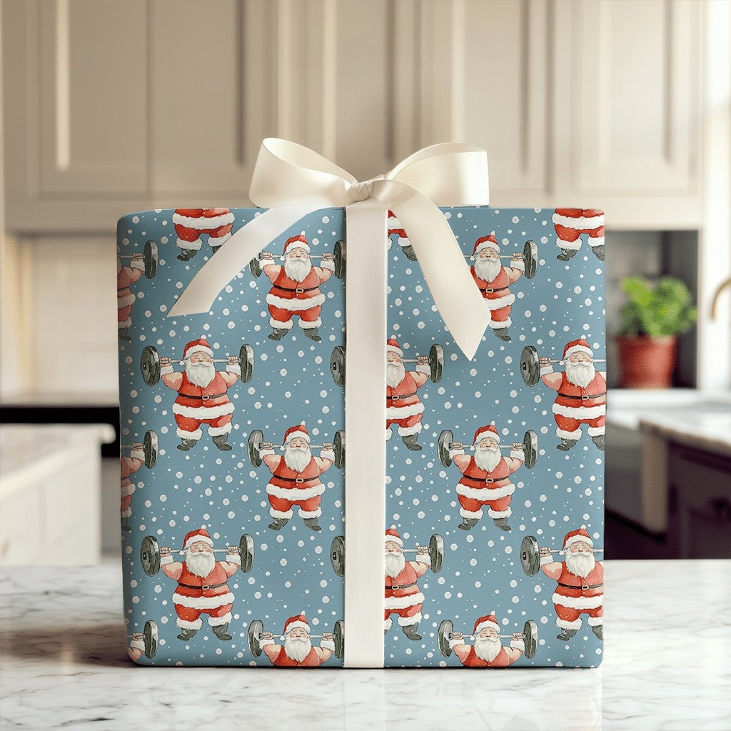 Fitness Christmas Gift Wrap, Weightlifting Santa Wrapping Paper, Humorous Gym Holiday Present Paper, Barbell Workout Xmas Gif