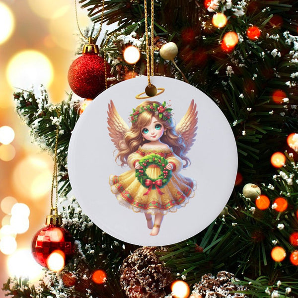Ceramic Angel Holiday Ornament, Adorable Angel Wreath Christmas Ornament, Wreath Angel Tree Ornament, Festive Ceramic Keepsak