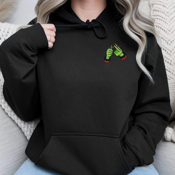 Humorous Stoner Christmas Graphic Hoodie, Green Monster Hands Hoodie, Spooky Holiday Pullover Hoodie, Retro Weed Streetwear H