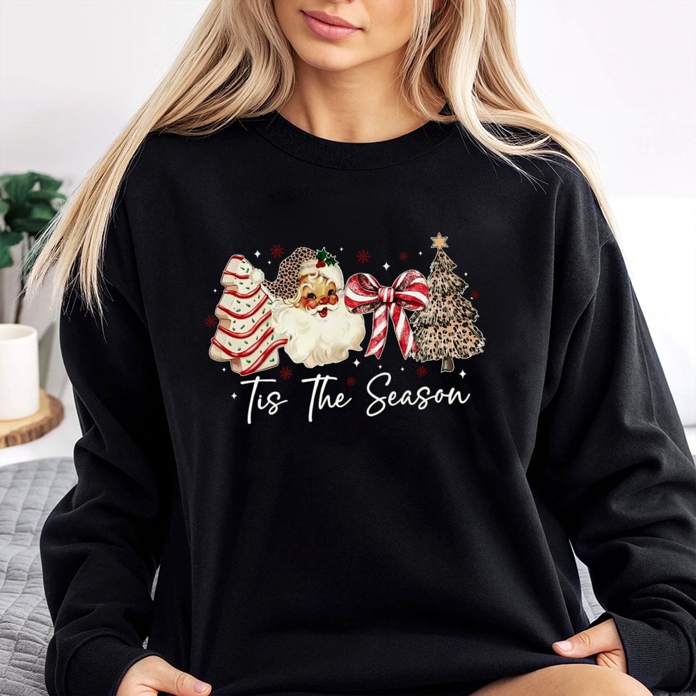 Leopard Print Santa Sweatshirt, Tis the Season Christmas Sweatshirt, Coquette Bow Holiday Crewneck, Preppy Xmas Sweatshirt, H