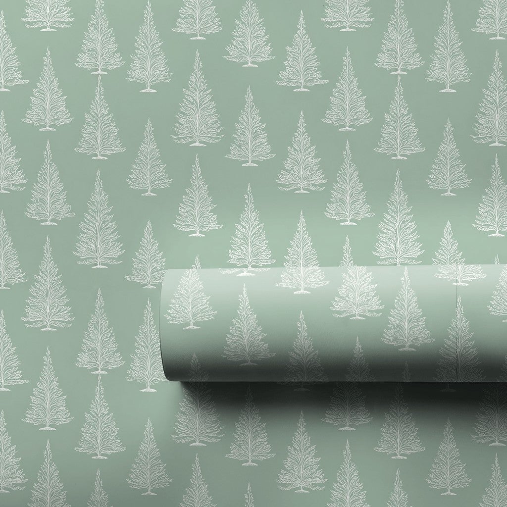 Minimalist White Tree Gift Wrap, Sage Green Christmas Tree Wrapping Paper, Elegant Holiday Wrapping Paper, Winter Season Wrap