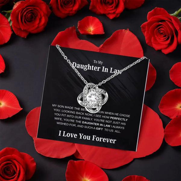 Cubic Zirconia Pendant Necklace, Daughter in Law Love Knot Necklace, White Gold Finish Love Knot Necklace, Birthday Christmas