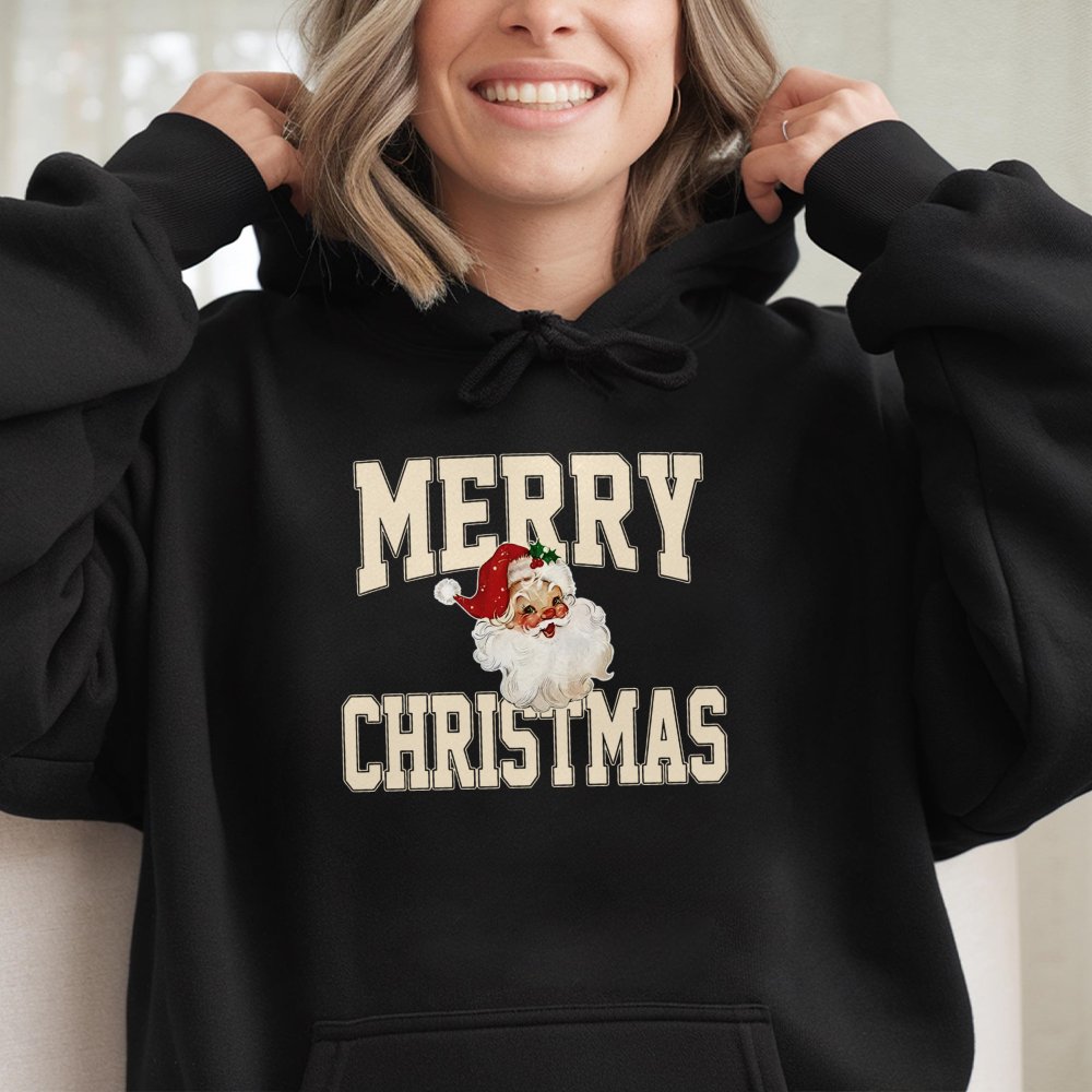 Retro Merry Christmas Sweatshirt, Vintage Santa Claus Hoodie, Adorable Santa Graphic Pullover Hoodie, Comfy Xmas Holiday Hood