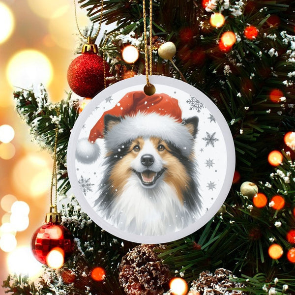 Adorable Sheltie Dog Ceramic Ornament, Shetland Sheepdog Christmas Ornament, Santa Hat Pet Tree Ornament, Holiday Keepsake, P