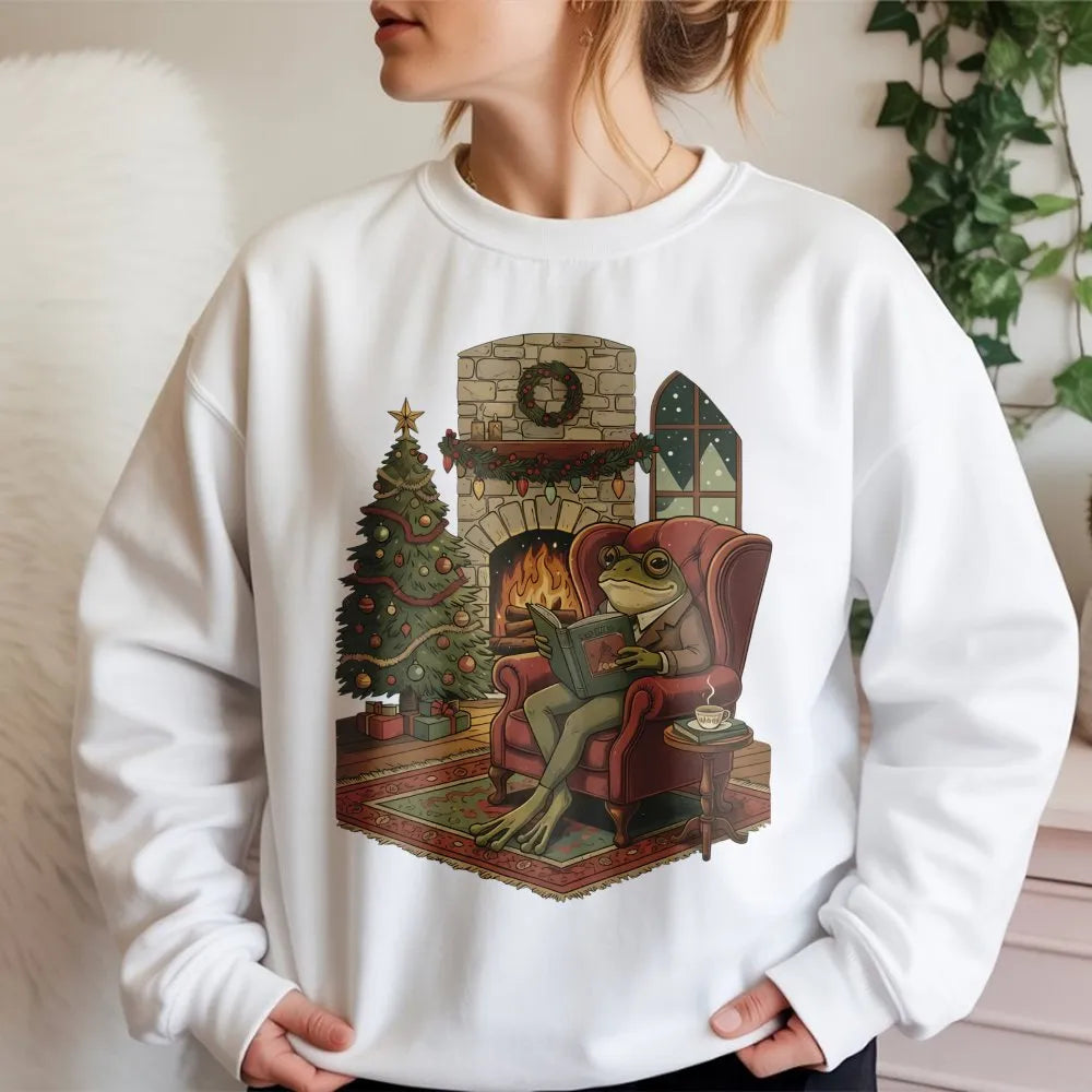 Comfy Cabin Bookish Crewneck, Reading Frog Christmas Sweatshirt, Adorable Frog Book Lover Pullover, Holiday Reader Sweatshirt