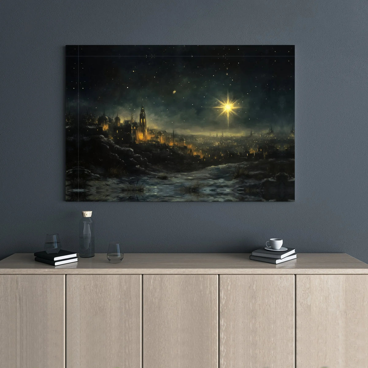 Nativity Night Landscape Poster, Star of Bethlehem Canvas Wall Art, Holy City Christian Canvas Print, Religious Christmas Dig