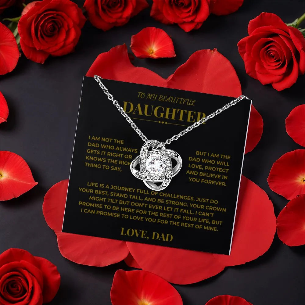 Sentimental Message Card Knot Necklace, Daughter Love Knot Necklace from Dad, CZ Crystal Pendant Necklace, Birthday Christmas