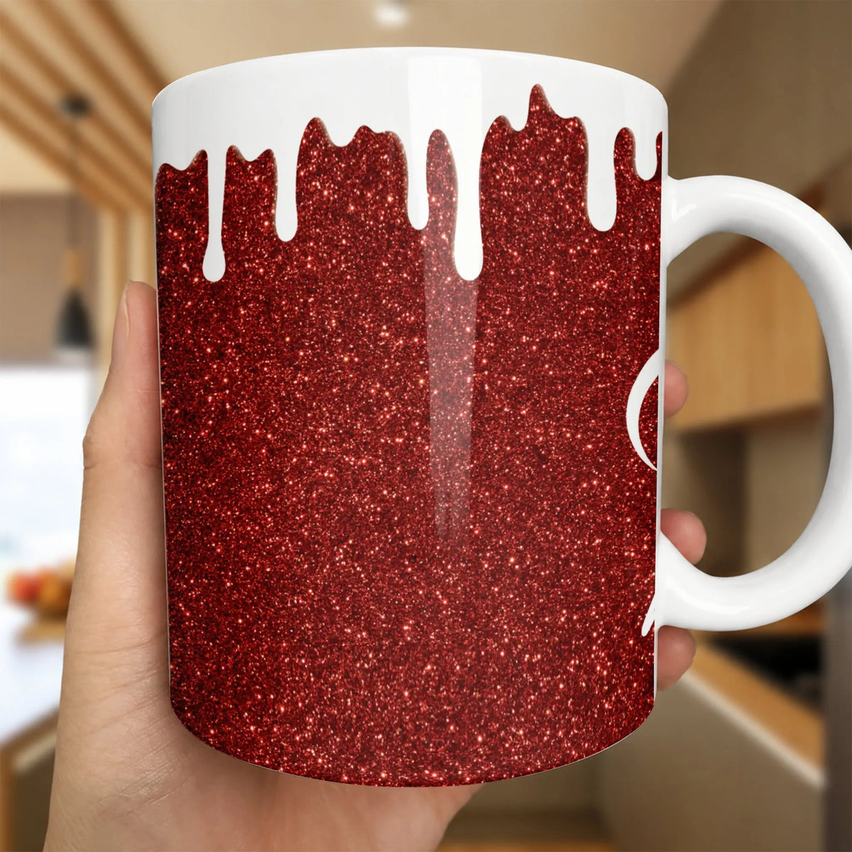 Dripping White Paint Effect Coffee Mug, Red Glitter Print Ceramic Mug, Sparkle Aesthetic Drinkware Mug, Glam Holiday Christma