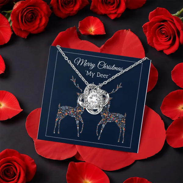 Holiday CZ Crystal Necklace, Merry Christmas My Deer Love Knot Necklace, Gold Pendant Necklace, Romantic Christmas Jewelry, P