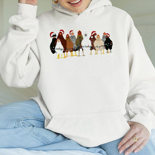 Adorable Santa Hat Chickens Holiday Lights Hooded Sweatshirt, Christmas Chicken Hoodie, Humorous Farmer Xmas Pullover, Chicke