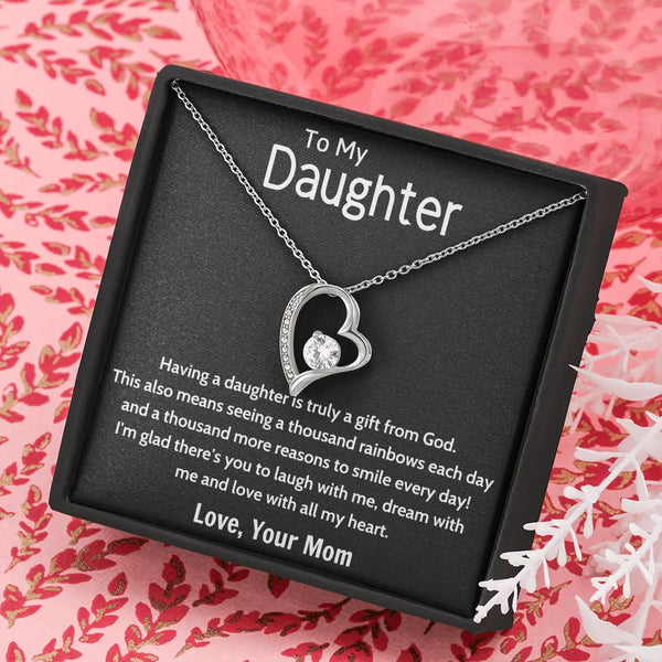 Daughter Heart Pendant Necklace, Forever Love Heart Necklace, 14K White Gold Finish Cubic Zirconia Necklace, Christmas Birthd