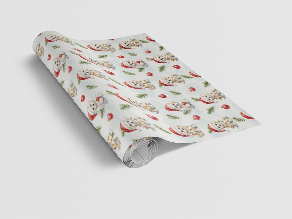 Watercolor Dog in Santa Hat Gift Wrap, Adorable Puppy Christmas Wrapping Paper, Festive Winter Dog Wrapping Paper, Holiday Gi