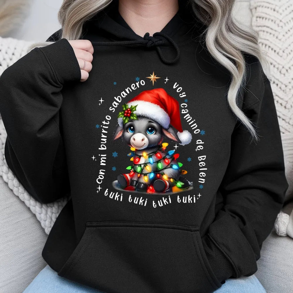 Adorable Donkey Christmas Lights Sweatshirt, Mi Burrito Sabanero Hoodie, Spanish Villancico Holiday Pullover, Festive Latino 