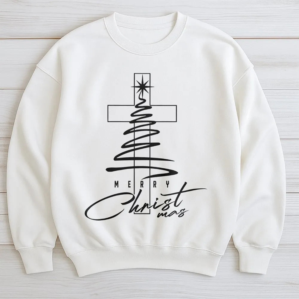 Minimal Cross Tree Crewneck, Christian Christmas Sweatshirt, Religious Holiday Sweatshirt, Faith Based Pullover, Christian Pr