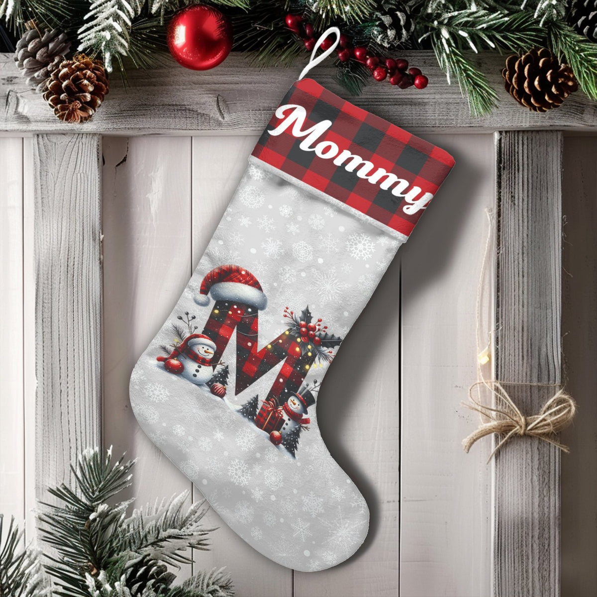 Buffalo Plaid Christmas Stocking, Personalized Letter M Christmas Stocking, Monogram Initial Holiday Stocking, Rustic Family 