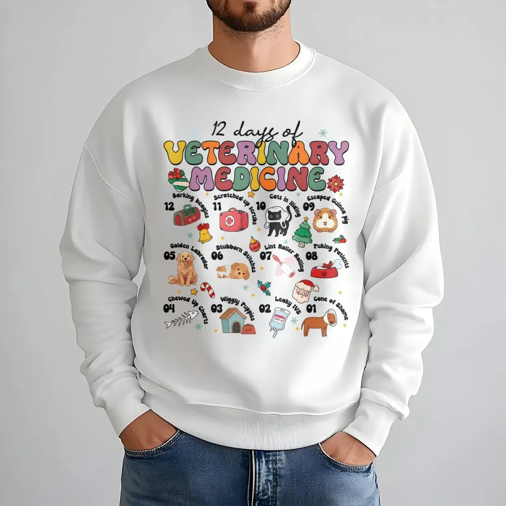Retro Vet Tech Christmas Crewneck, 12 Days of Veterinary Medicine Sweatshirt, Humorous Animal Doctor Sweater, Holiday Vet Cli