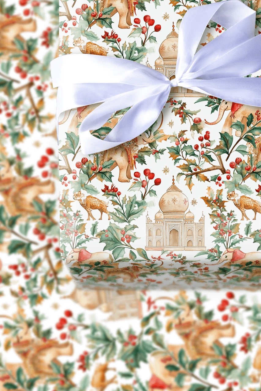 Indian Holiday Gift Wrap, Taj Mahal Christmas Wrapping Paper, Watercolor Elephant Camel Gift Wrap Roll, Multicultural Xmas Wr