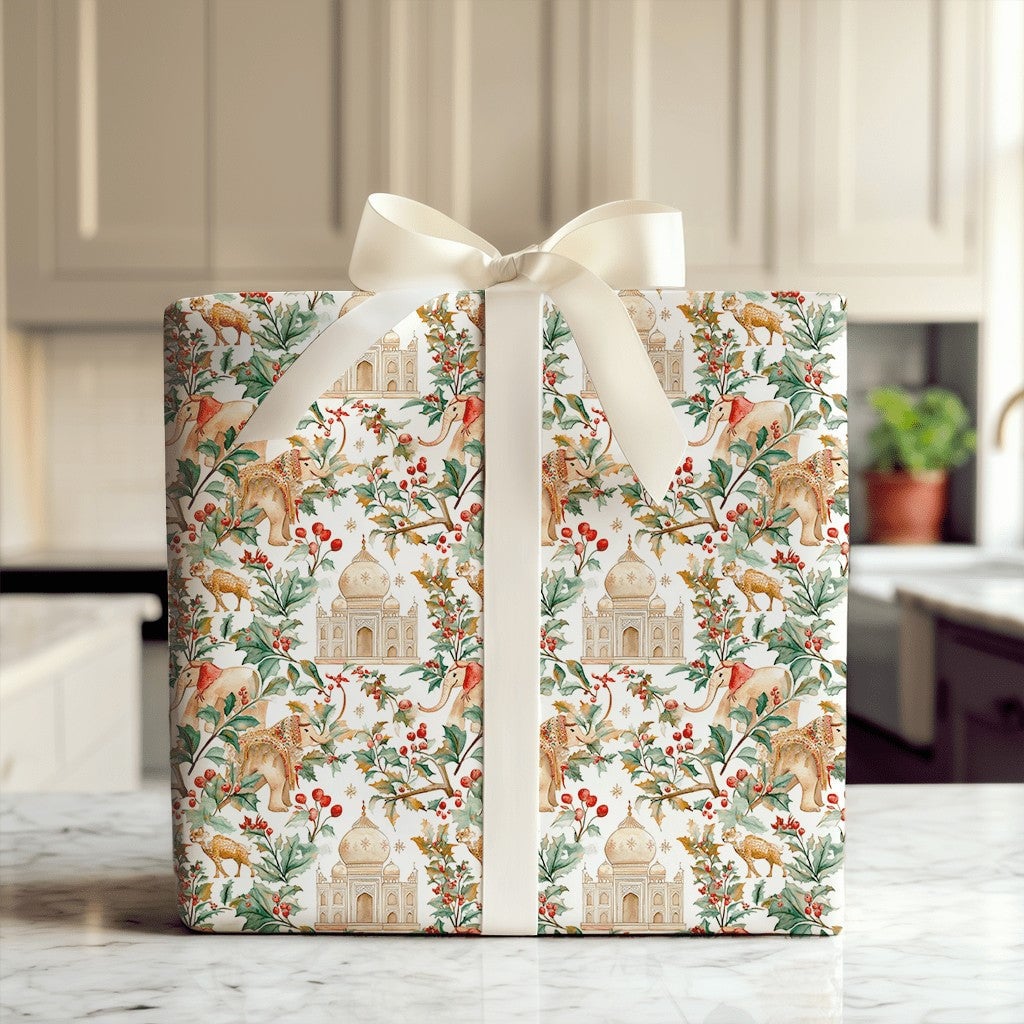Indian Holiday Gift Wrap, Taj Mahal Christmas Wrapping Paper, Watercolor Elephant Camel Gift Wrap Roll, Multicultural Xmas Wr