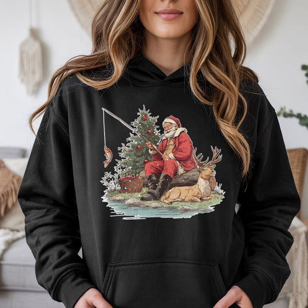 Humorous Outdoors Fisherman Holiday Hoodie, Fishing Santa Christmas Hoodie, Vintage Angler Santa Graphic Hoodie, Fish Dad Xma