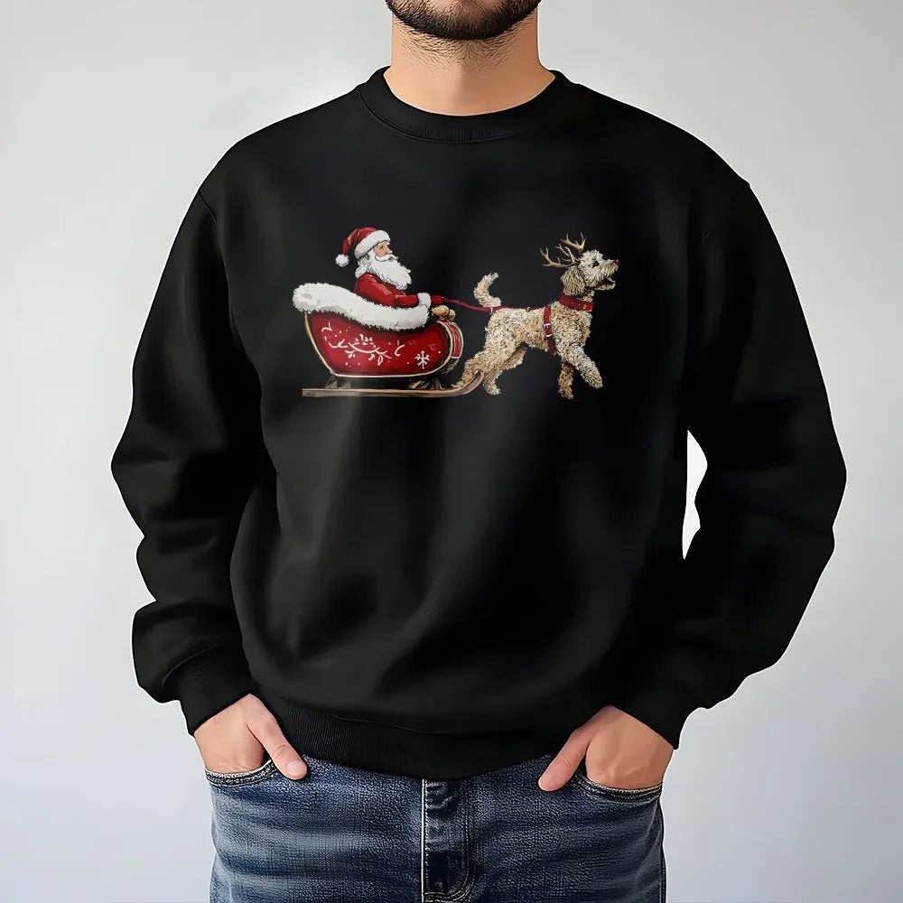 Santa Sleigh Dog Lover Sweatshirt, Goldendoodle Christmas Sweatshirt, Adorable Xmas Puppy Graphic Crewneck, Holiday Pet Owner