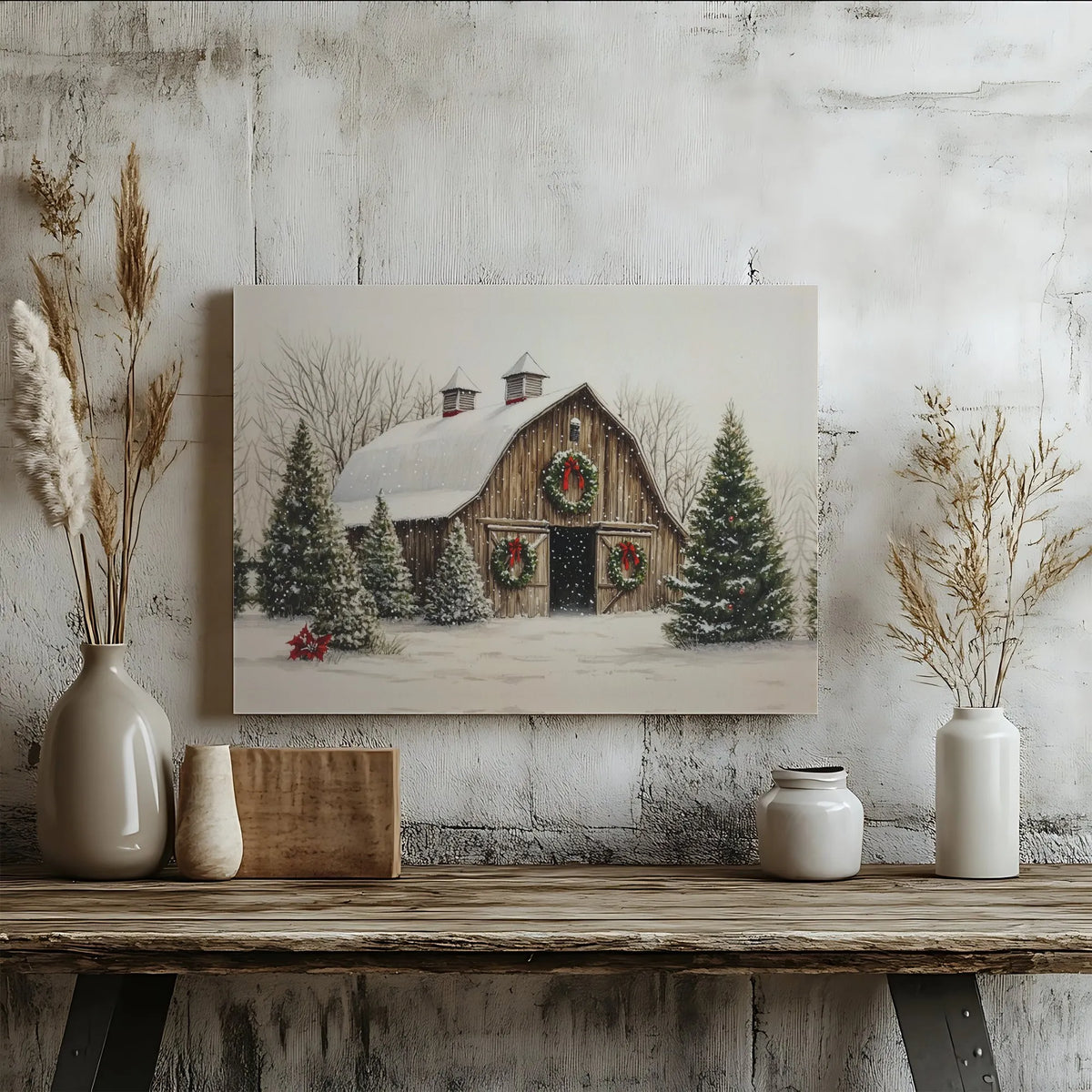 Rustic Winter Farmhouse Canvas Print, Snowy Christmas Barn Canvas Wall Art, Holiday Landscape Canvas Decor, Country Xmas Wall