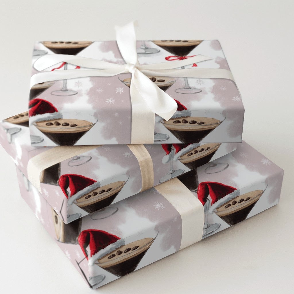 Santa Hat Cocktail Gift Wrap, Espresso Martini Christmas Wrapping Paper, Purple Holiday Drinks Wrapping Paper, Festive Party 