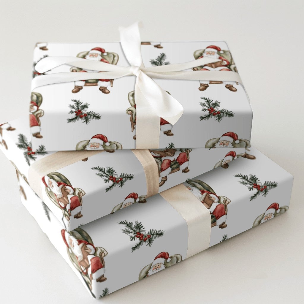 Comfy Bookish Christmas Gift Wrap, Reading Santa Claus Wrapping Paper, Watercolor Santa Present Wrap, Nostalgic Holiday Packa