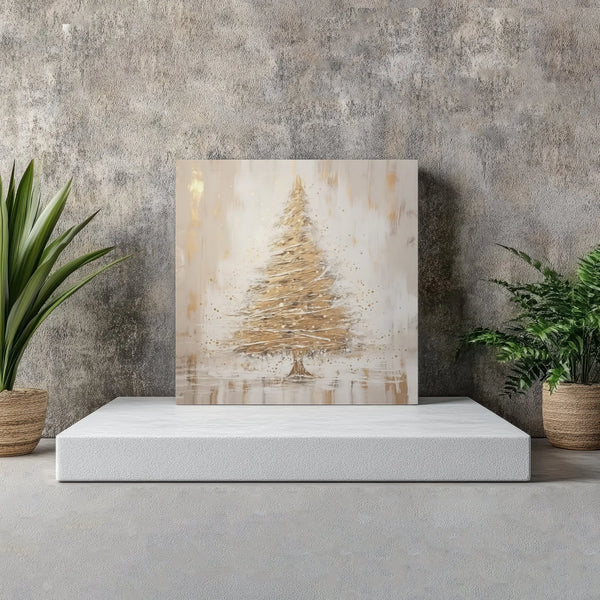 Impasto Gold Palette Knife Holiday Print, Golden Christmas Tree Square Canvas Wall Art, Elegant Xmas Canvas Poster, Seasonal 