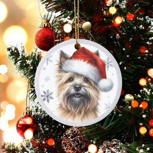 Santa Hat Cairn Terrier Christmas Ornament, Cairn Terrier Dog Ceramic Ornament, Adorable Pet Lover Holiday Decor, Festive Kee