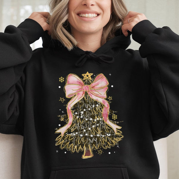 Pink Coquette Bow Holiday Tree Sweatshirt, Camo Christmas Tree Hoodie, Camouflage Xmas Pullover, Girly Preppy Winter Holiday 