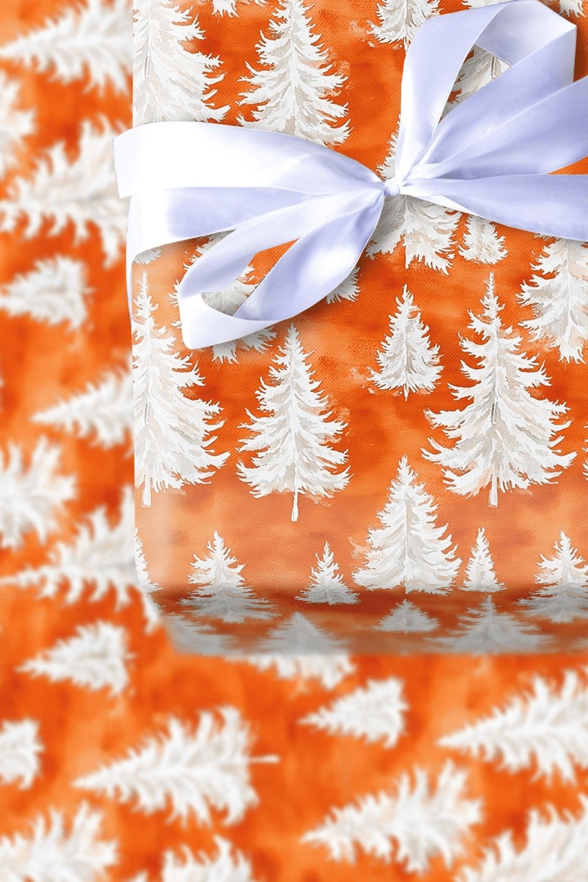 Orange Watercolor Gift Wrap, Pine Tree Christmas Wrapping Paper, Winter Forest Wrapping Paper, Modern Holiday Present Paper R
