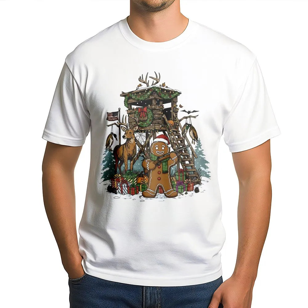 Humorous Christmas Deer Hunter Shirt, Gingerbread Man Hunting T-Shirt, Holiday Buck Hunting Tee, Winter Outdoors Graphic Shir