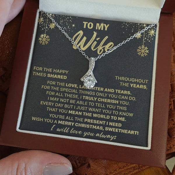 Cubic Zirconia Sparkling Pendant, To My Wife Christmas Ribbon Necklace, 14k White Gold Over Steel Wife Necklace, Romantic Hol