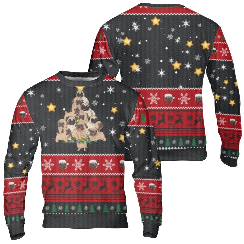 Humorous Canine Pet Ugly Sweater, Pug Dog Christmas Tree Ugly Sweater, Adorable Puppy Holiday Sweater, Dog Lover Christmas Ug