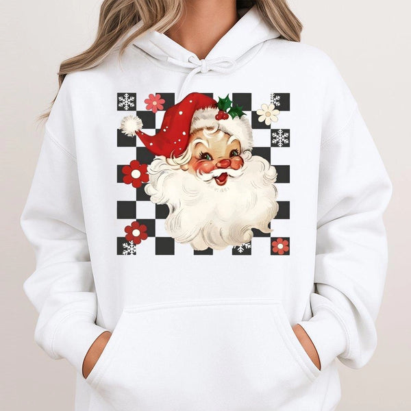 Checkered Christmas Graphic Hooded Sweatshirt, Retro Santa Hoodie, Vintage Santa Claus Holiday Hoodie, Festive Winter Pullove