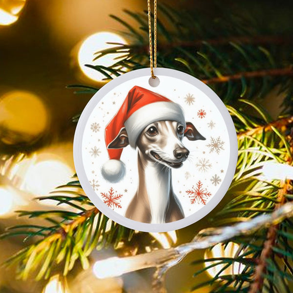 Santa Hat Iggy Dog Tree Decor, Italian Greyhound Christmas Ornament, Ceramic Puppy Keepsake, Pet Lover Holiday Tree Decoratio