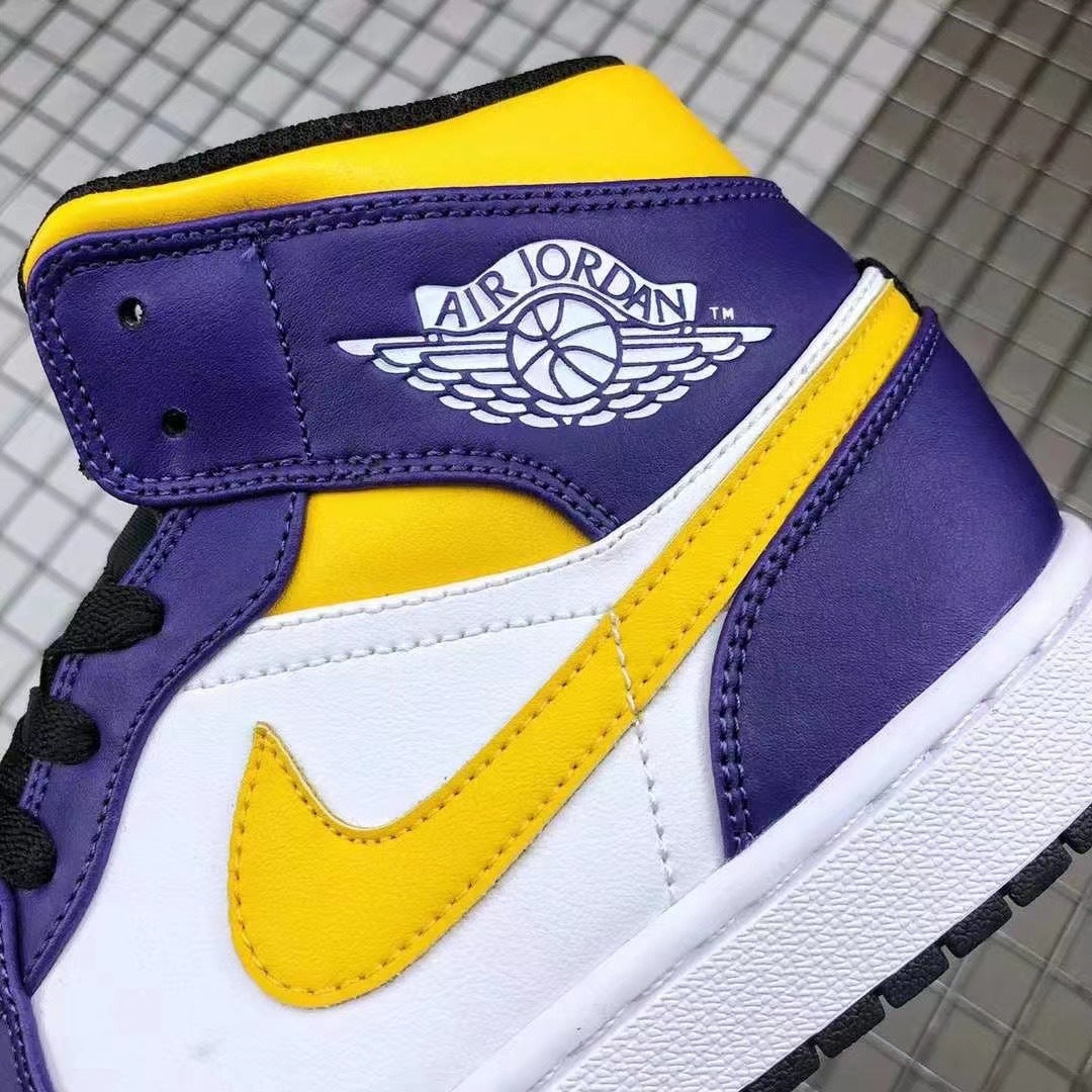 Mid Top Sneakers, White Purple Yellow Colorway, Lace Up Design, Casual Gift for Sneaker Fans