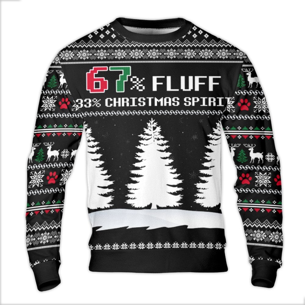 Humorous Dog Lover Holiday Sweater, 67 Fluff 33 Christmas Spirit Ugly Sweater, Reindeer Paw Print Sweatshirt, Pet Owner Chris